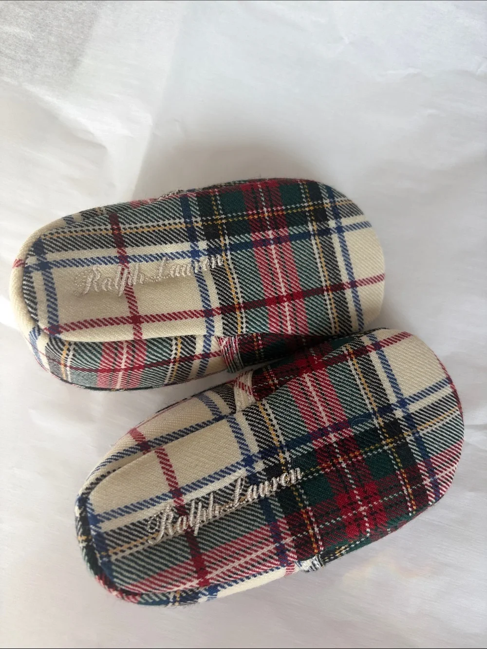 Never worn Ralph Lauren Kids Tartan Slip-On Moccasins in Red, Green, Navy